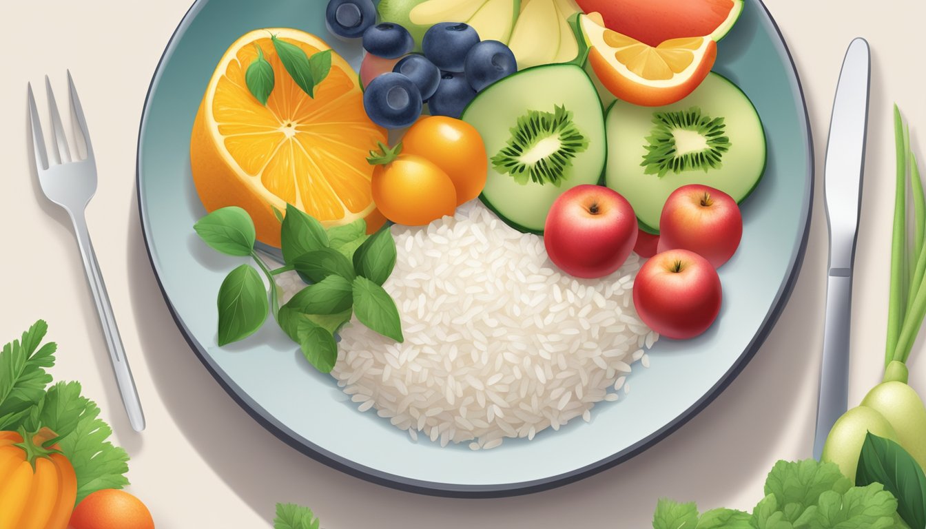 A plate of jasmine rice surrounded by colorful fruits and vegetables, with a diabetes-friendly nutrition label displayed prominently