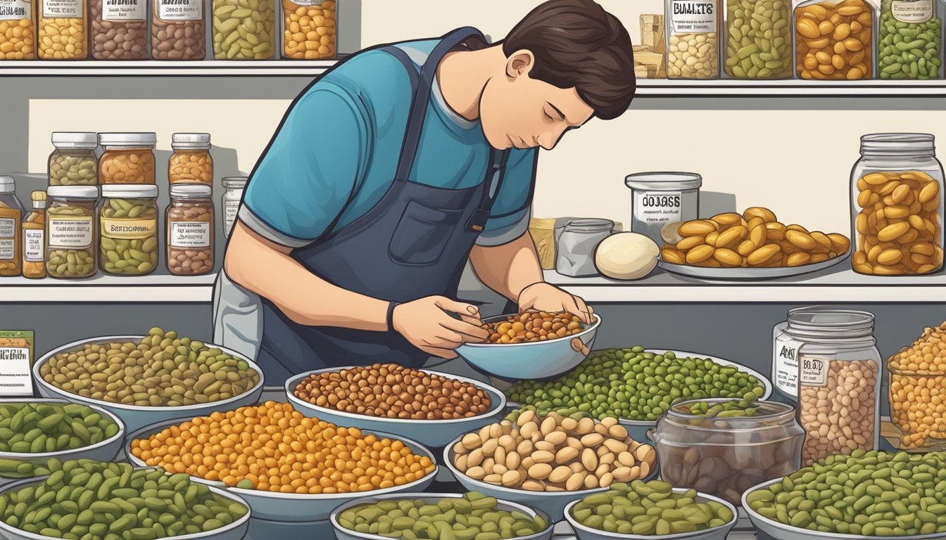 A diabetic carefully examining a bowl of jacobs cattle beans, surrounded by various food items and a nutrition label