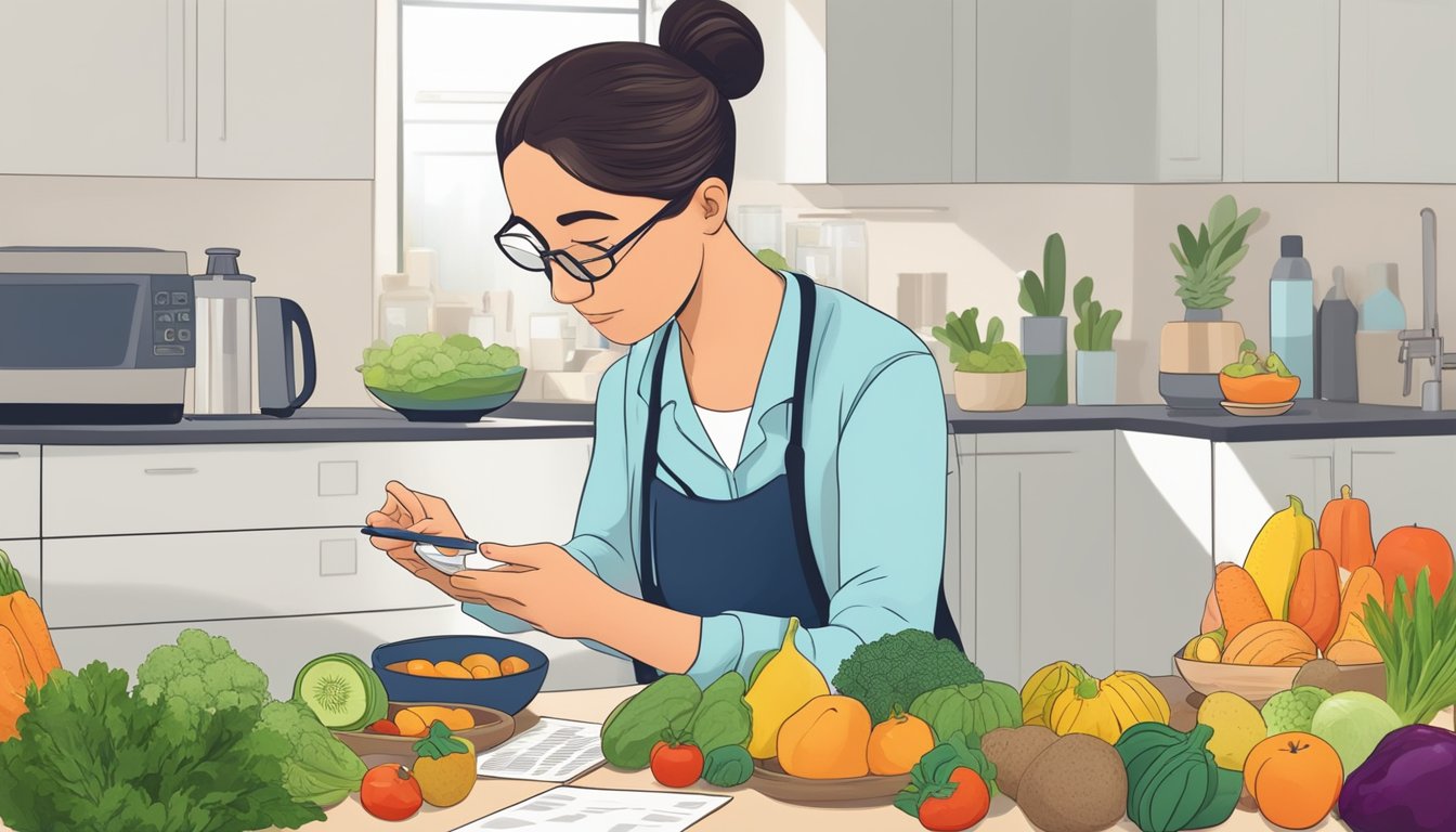 A diabetic person carefully examining a bowl of job's tears, surrounded by various fruits and vegetables, with a nutritionist holding a clipboard nearby