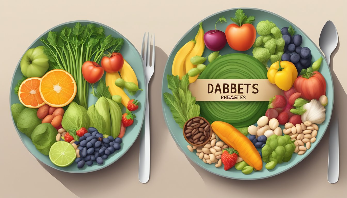 A colorful plate with jacobs cattle beans, surrounded by various fruits and vegetables, with a diabetes-friendly label