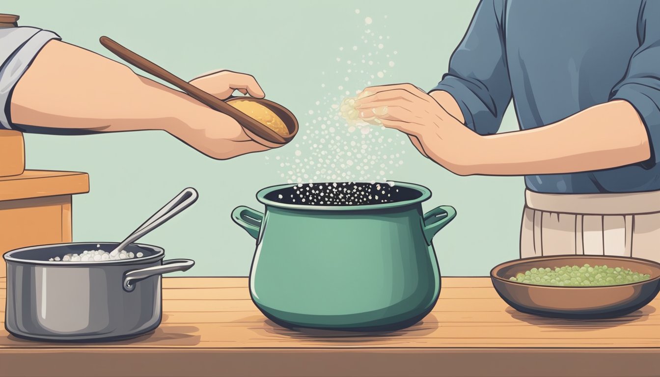 A person sprinkling Job's Tears into a pot of boiling water, then stirring the mixture with a wooden spoon