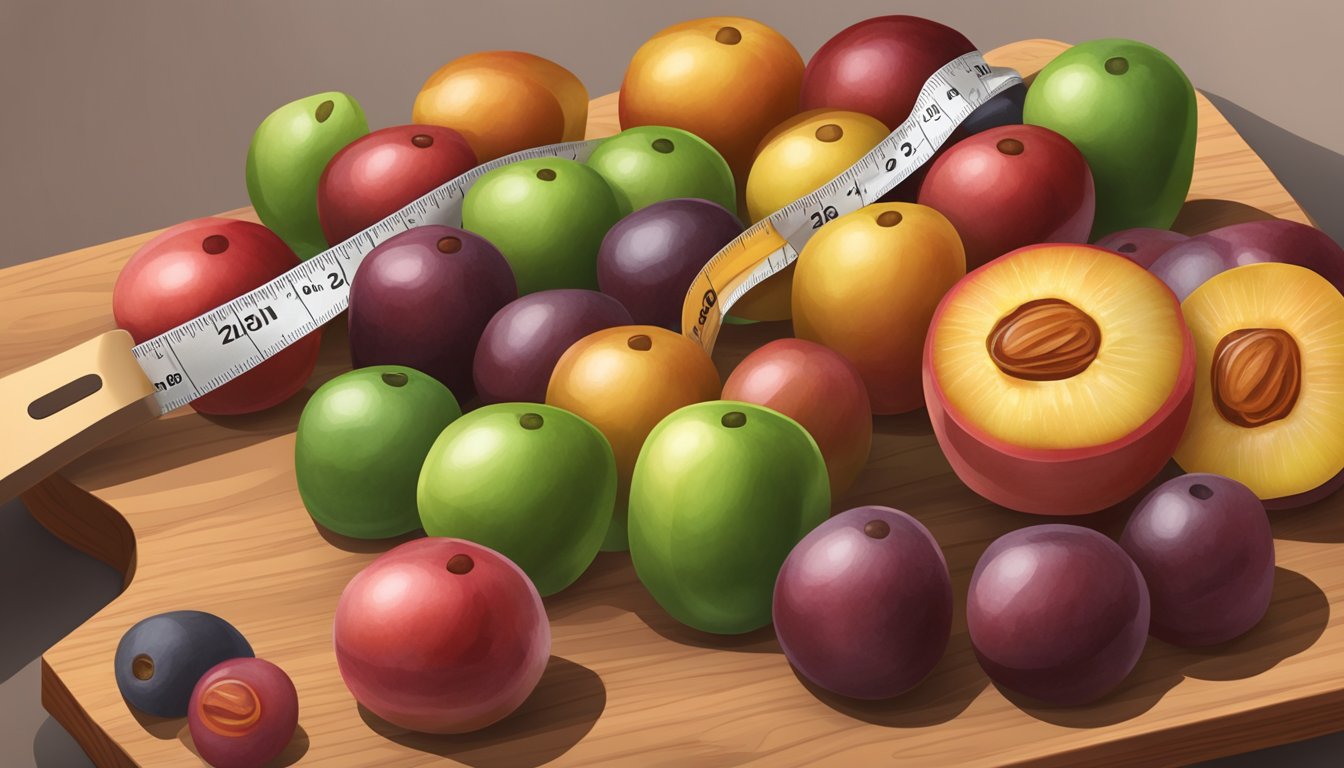 A colorful assortment of jujube fruits arranged on a wooden cutting board, with a diabetic-friendly label and a measuring tape nearby