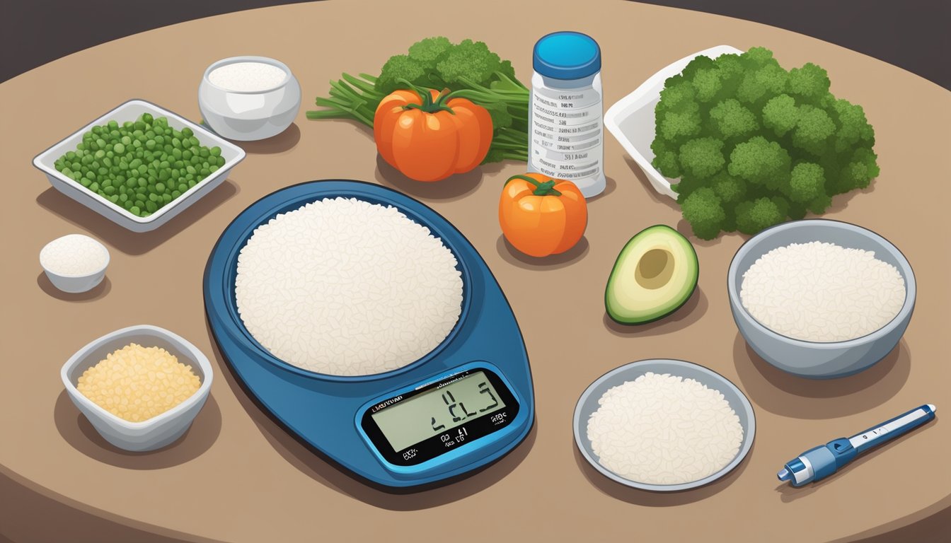 A table set with a plate of jasmine rice, vegetables, and a blood glucose monitor. A nutrition label and diabetes guidelines are displayed nearby