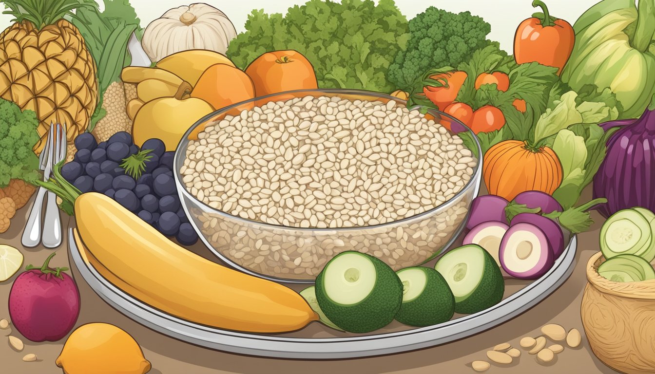 A plate of cooked kamut surrounded by various fruits and vegetables, with a nutrition label and a medical symbol in the background