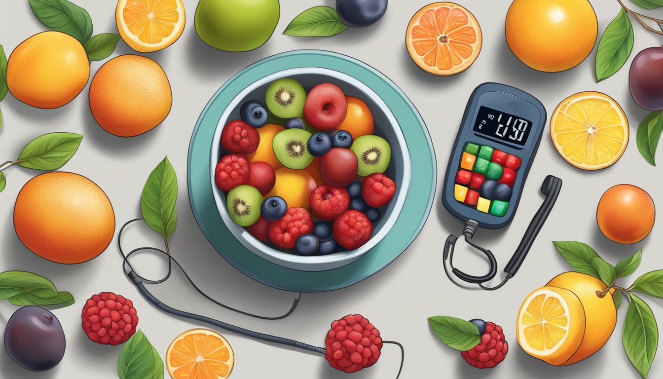 A bowl of jujube fruit surrounded by other diabetic-friendly fruits like berries and citrus, with a blood glucose monitor in the background