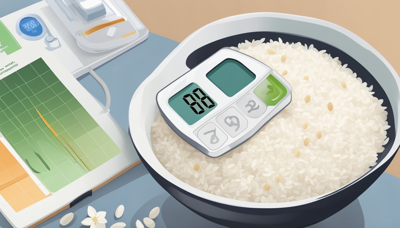 A bowl of jasmine rice next to a blood sugar monitor, with a chart showing fluctuating levels