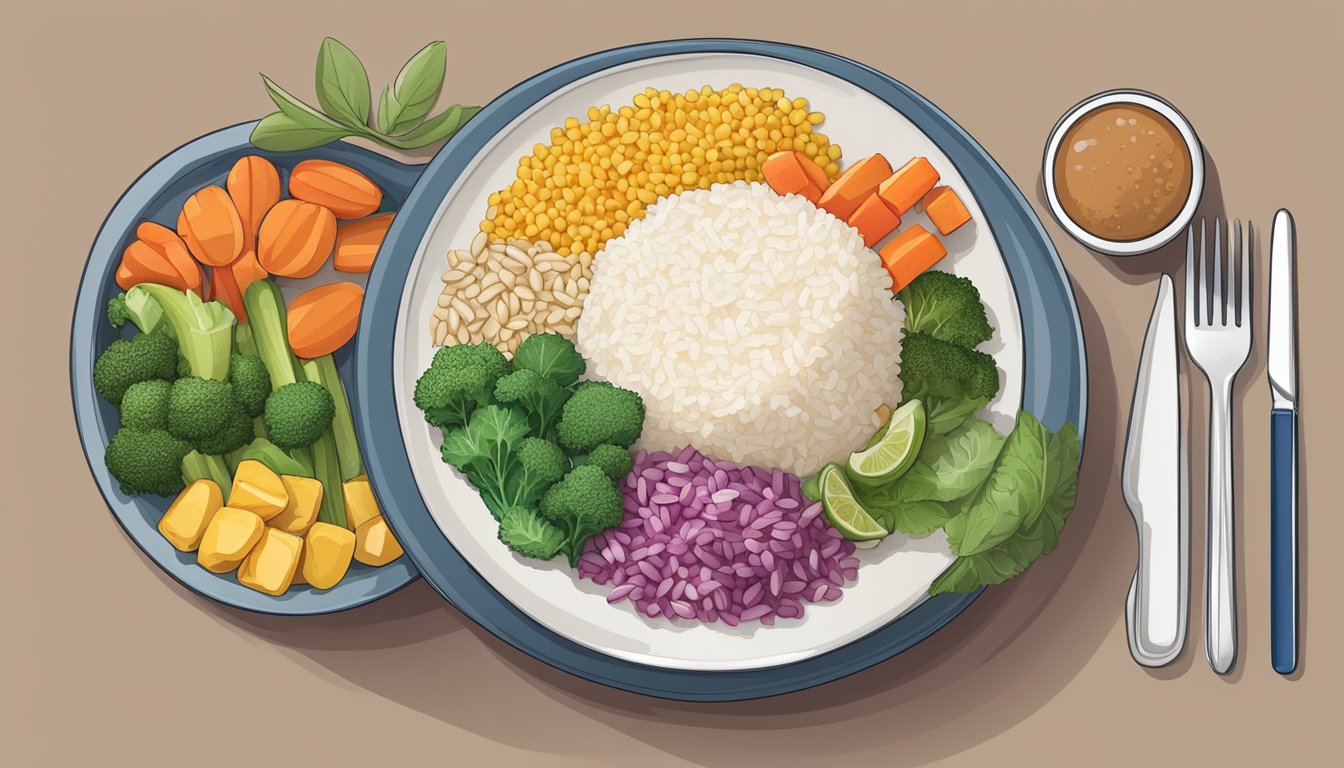 A colorful plate with a balanced portion of jasmine rice, lean protein, and colorful vegetables, set against a backdrop of a diabetes-friendly meal plan