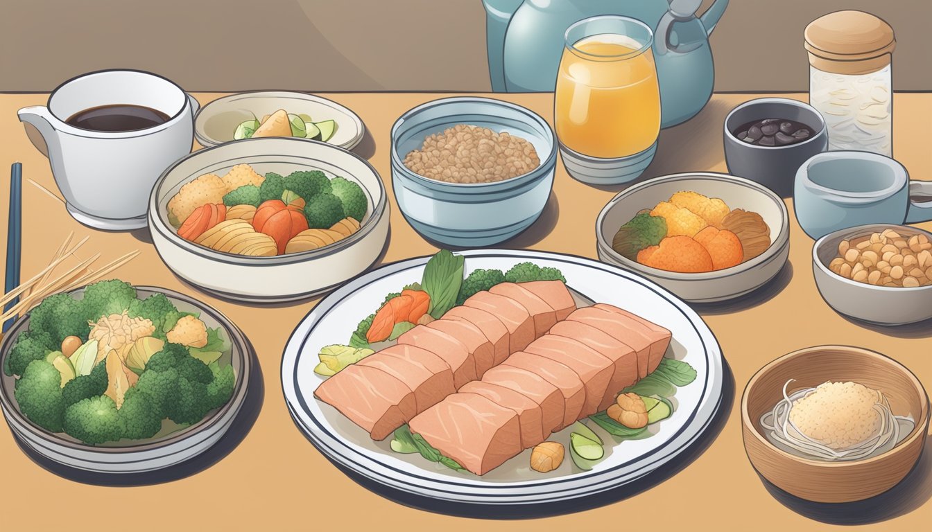 A plate of katsuobushi on a table, surrounded by various food items and a diabetes education book