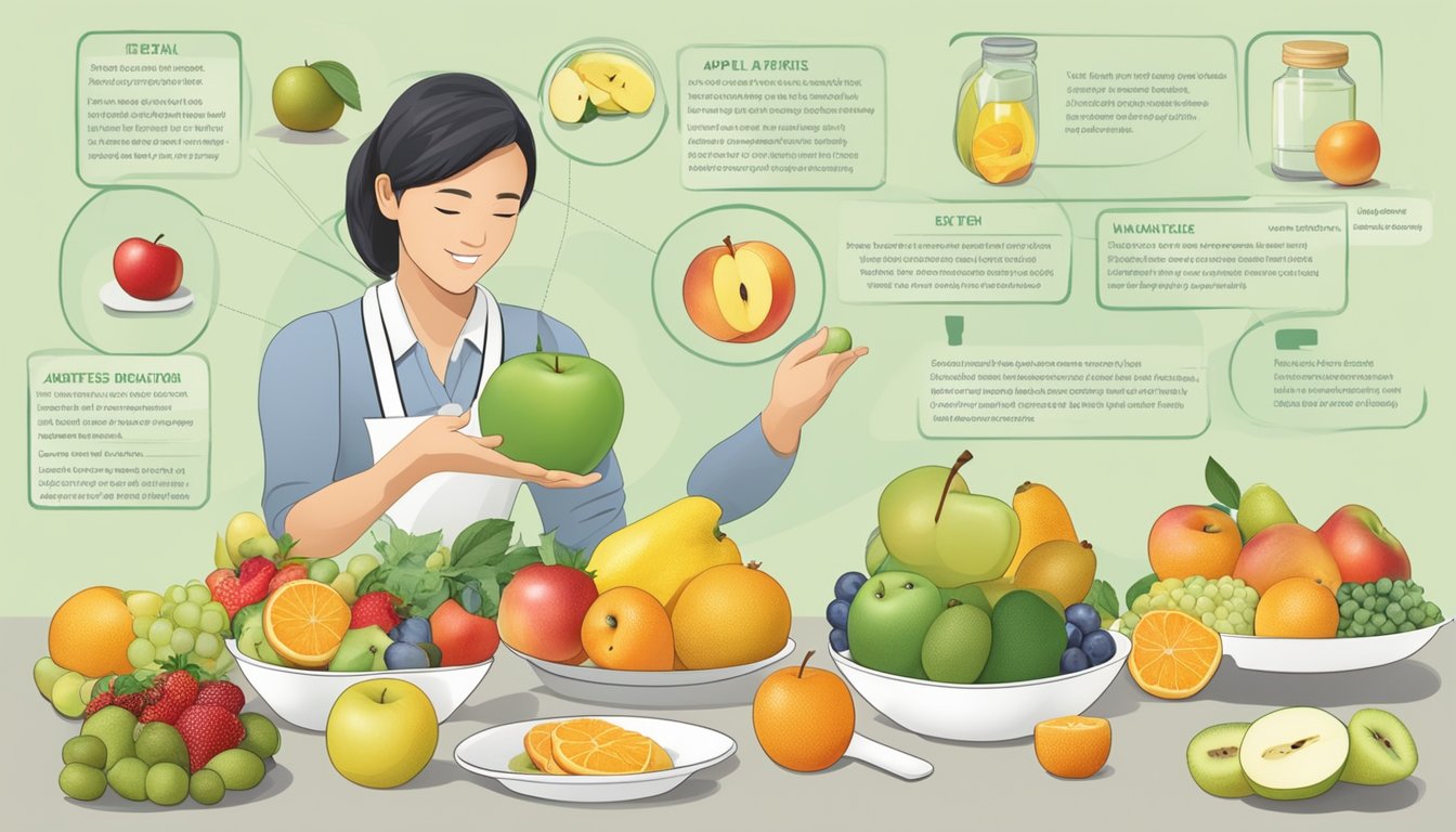 A dietician explaining diabetes and diet, with a table of fruits including kei apple