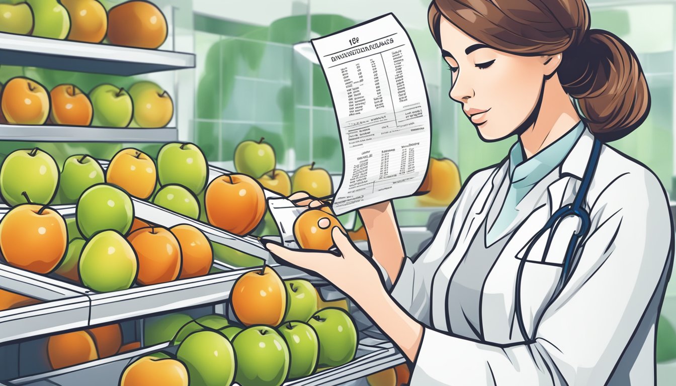 A dietician examining a kei apple with a nutritional chart in the background