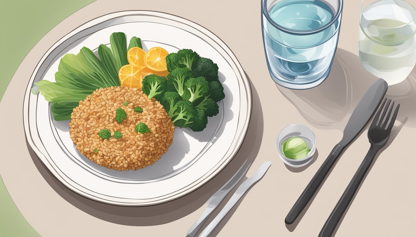 A diabetic-friendly meal with katsuobushi, vegetables, and whole grains on a plate, with a glass of water on the side