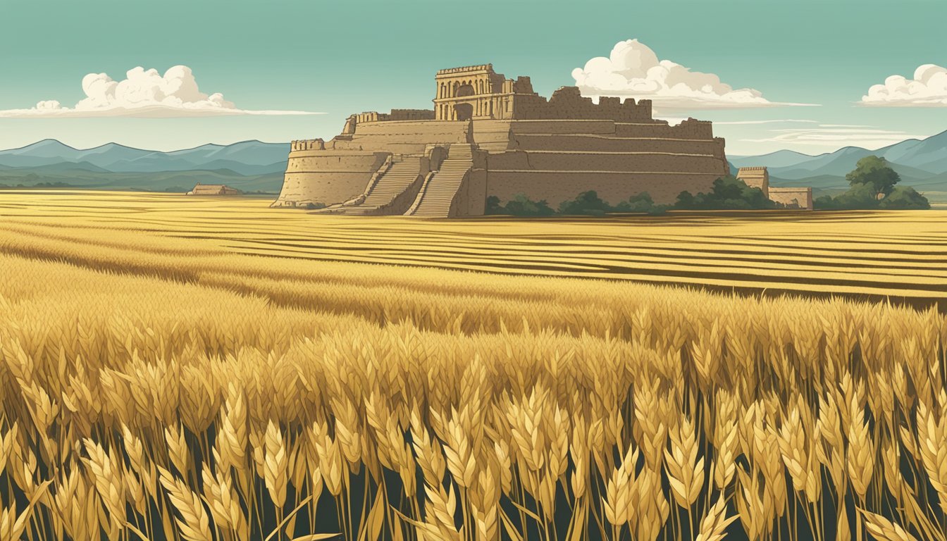 A golden field of kamut grain sways in the breeze, with a backdrop of ancient ruins in the distance