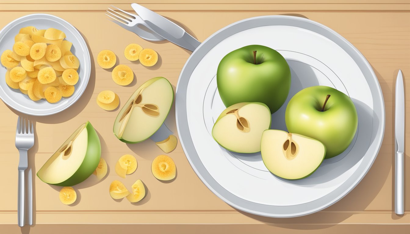 A plate with measured portions of kei apple slices and a carb counting chart on the table