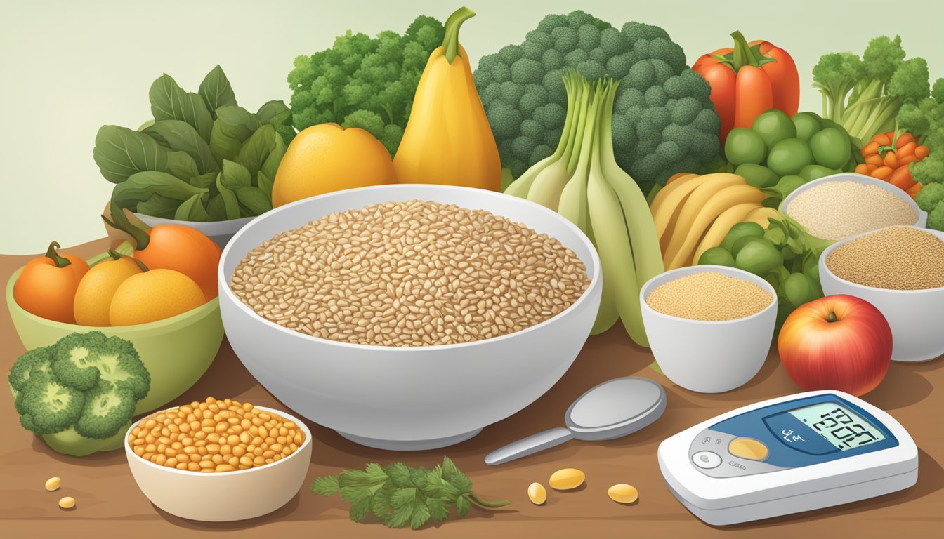 A bowl of kamut grains surrounded by various fruits and vegetables, with a diabetes monitoring kit nearby