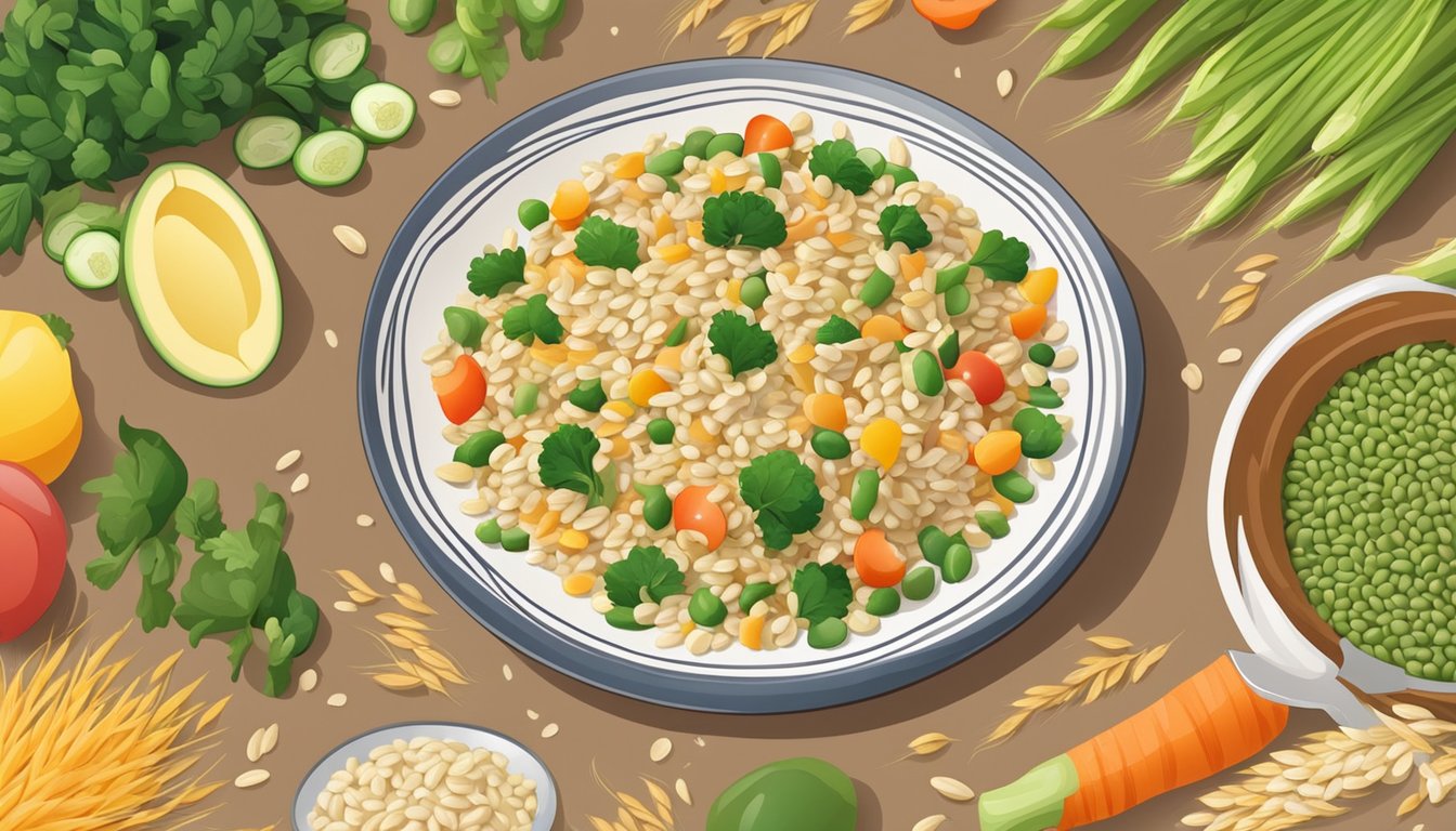 A colorful plate of kamut salad surrounded by fresh vegetables and a measuring cup of kamut grains