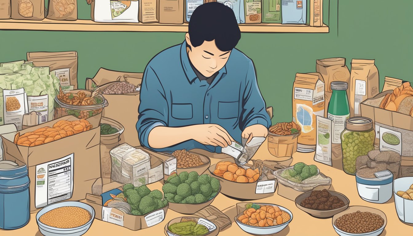 A person with diabetes examining a package of katsuobushi while surrounded by various food items and a nutrition label