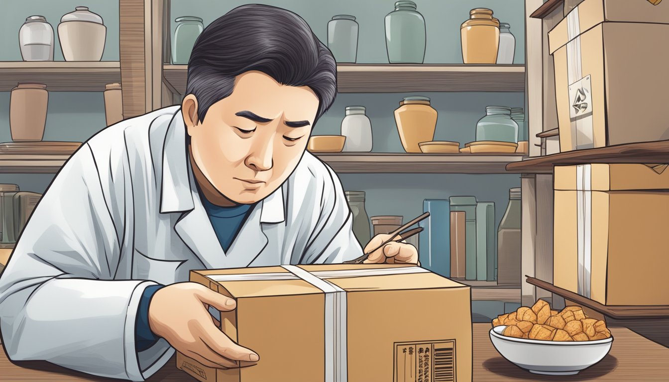 A diabetic person carefully examining a package of katsuobushi with a puzzled expression