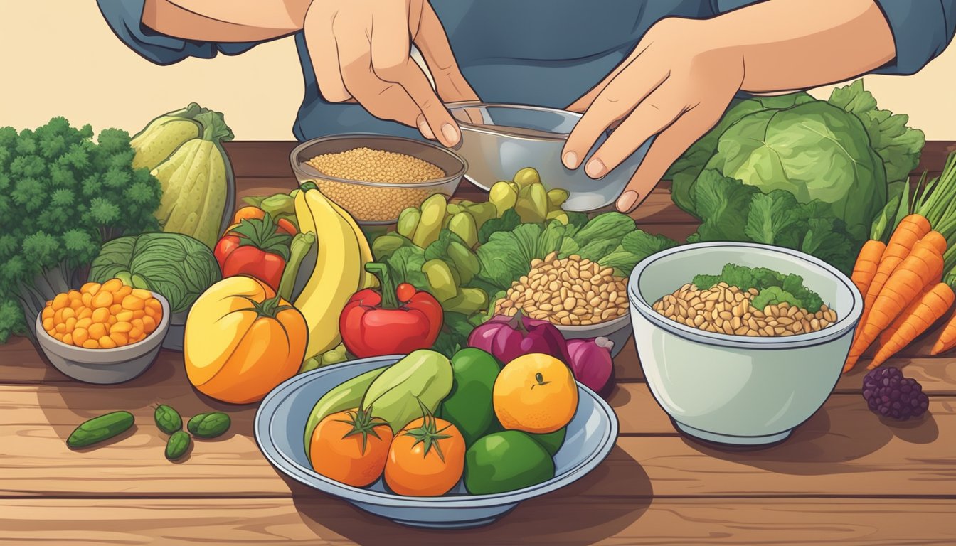 A diabetic person enjoying a bowl of cooked kamut surrounded by various fresh fruits and vegetables on a wooden table