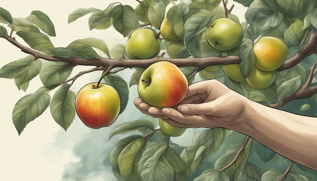 A diabetics hand reaching for a ripe kei apple on a tree branch