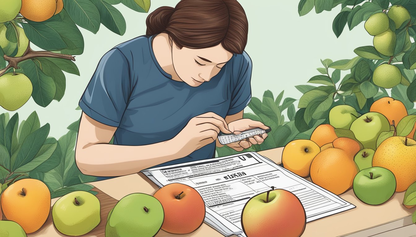 A diabetic carefully examining a kei apple, surrounded by various fruits and a nutrition label