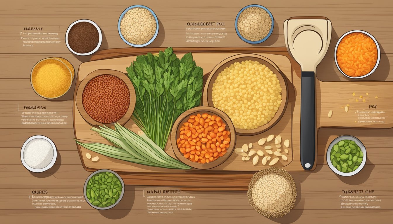 A colorful array of kamut, quinoa, brown rice, and vegetables on a wooden cutting board, with a measuring cup and a diabetes-friendly food chart nearby