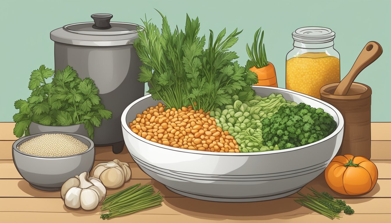 A bowl of cooked kamut surrounded by a variety of fresh vegetables and herbs, with a steaming pot in the background