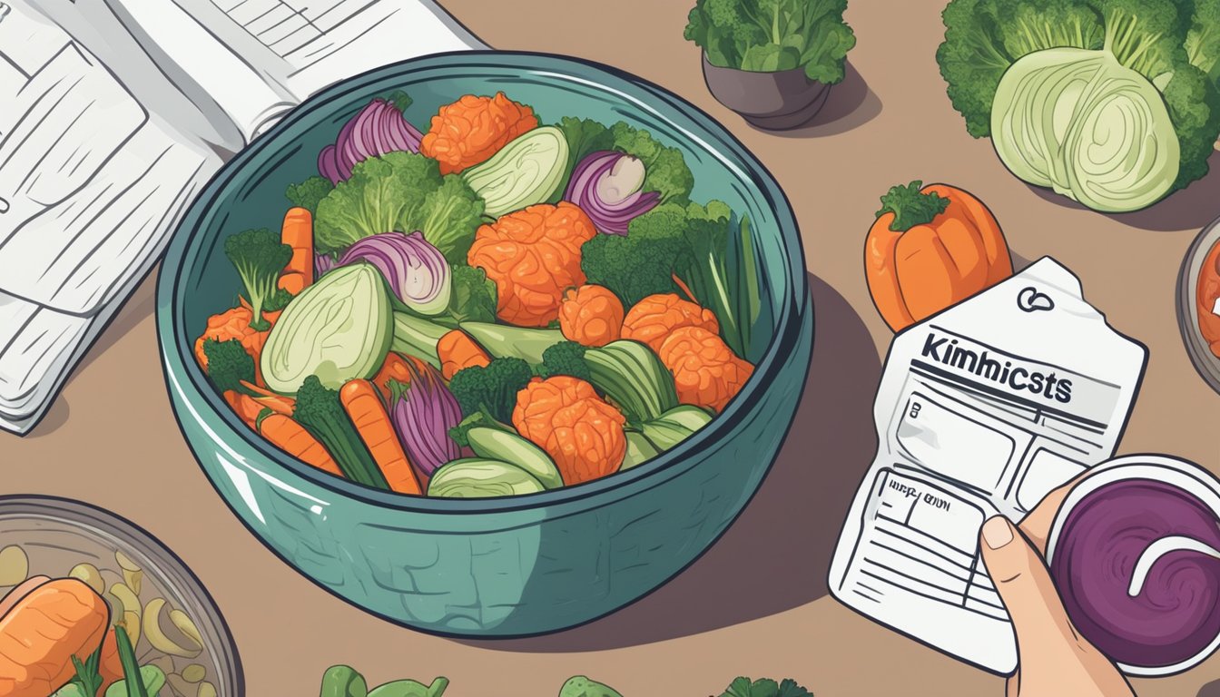 A bowl of kimchi surrounded by various vegetables and a nutrition label, with a diabetic person looking at it with curiosity