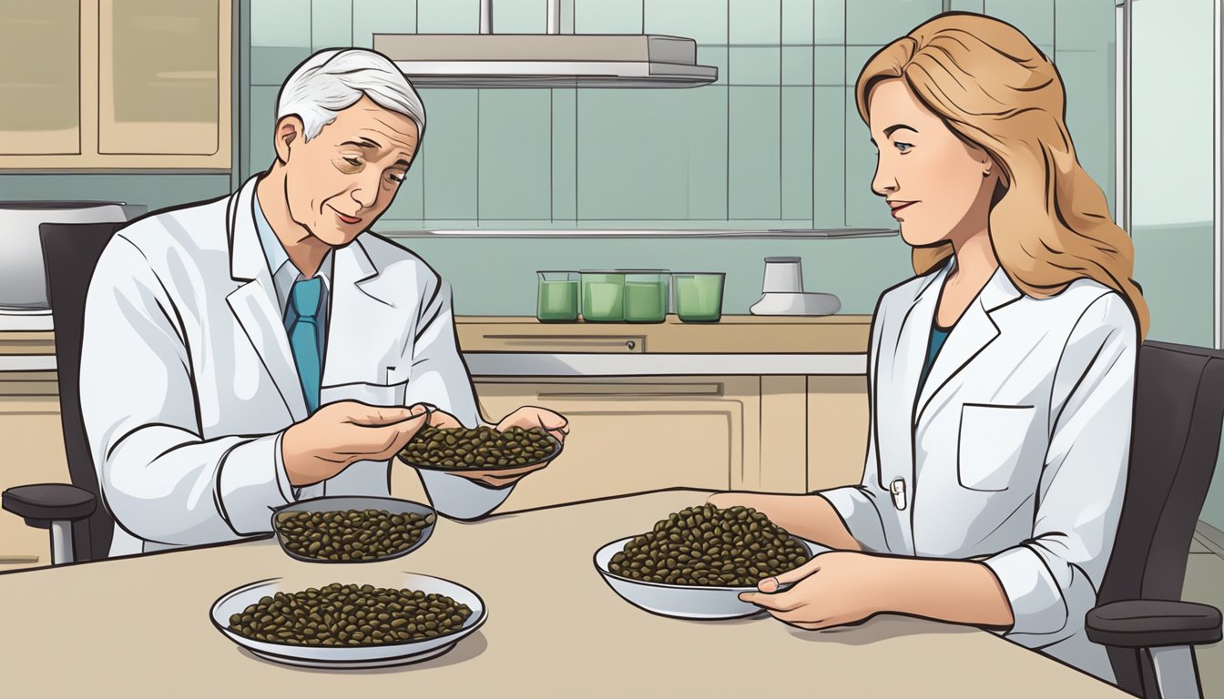 A dietician holding a plate of lablab beans and a diabetic patient looking unsure