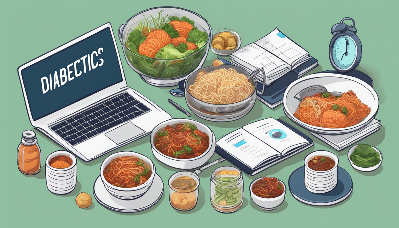 A table with a variety of kimchi dishes, surrounded by medical books and a laptop with "Can diabetics eat kimchi?" on the screen