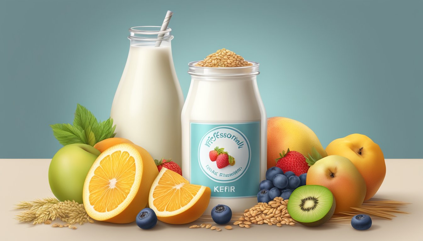 A glass of kefir surrounded by various fruits and grains, with a diabetic-friendly label