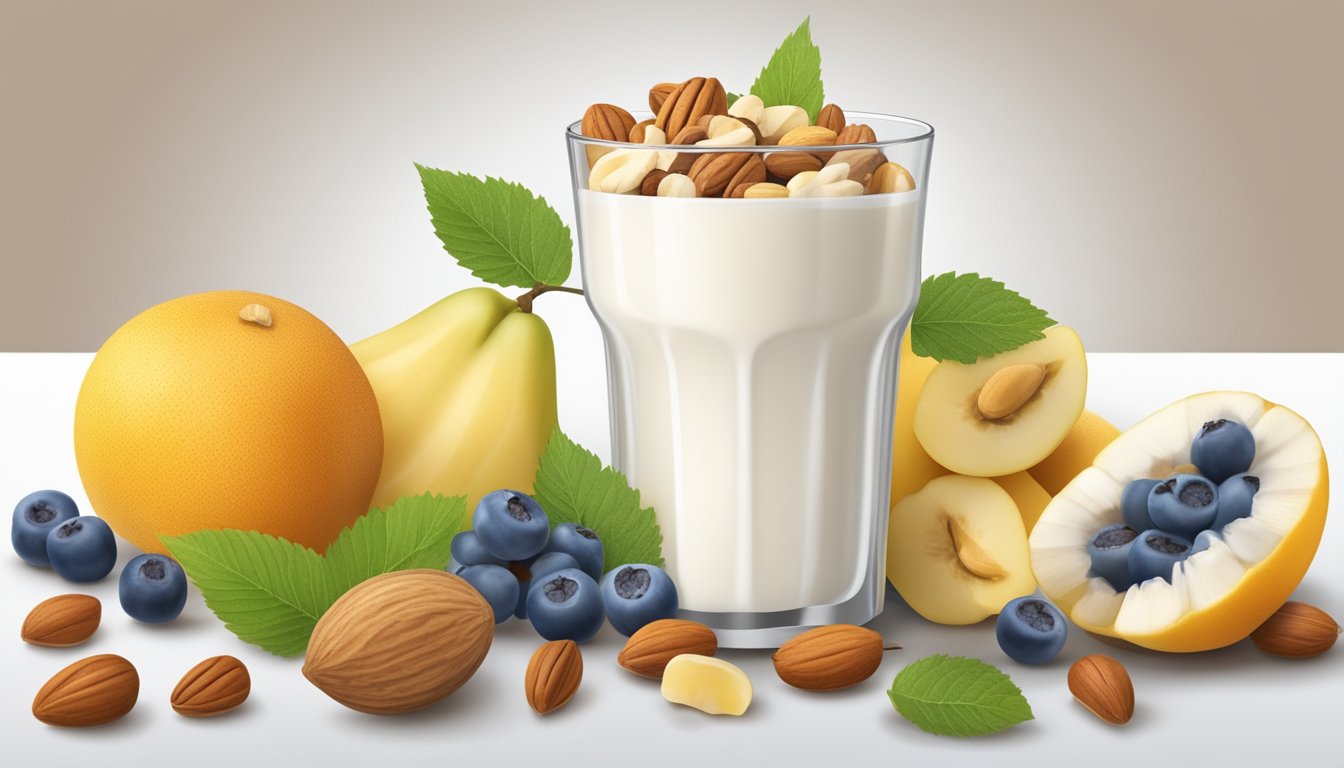 A glass of kefir surrounded by fresh fruits and nuts, with a nutritional label in the background