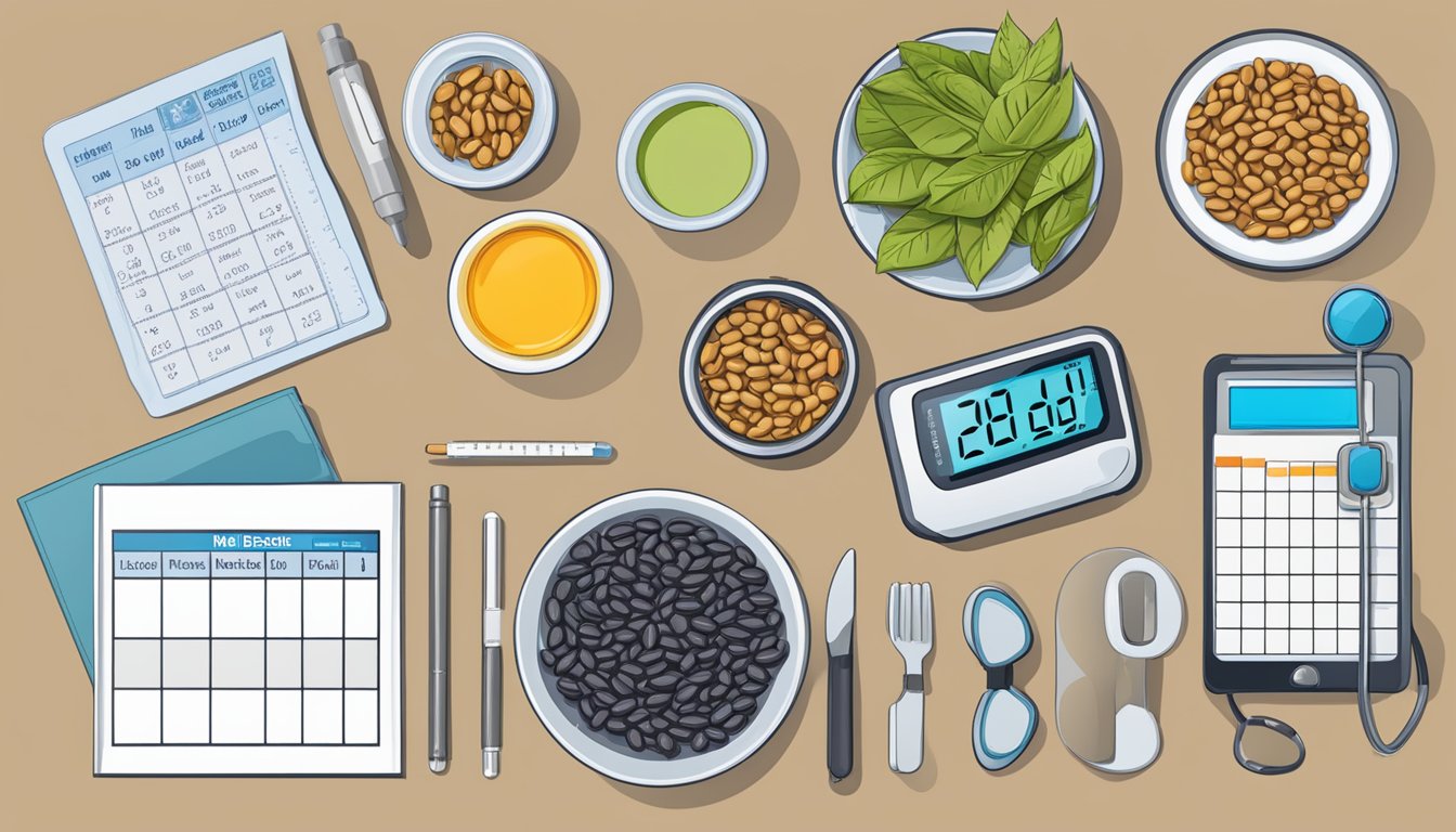 A table with lablab beans, a glucose meter, and a diabetic meal plan chart