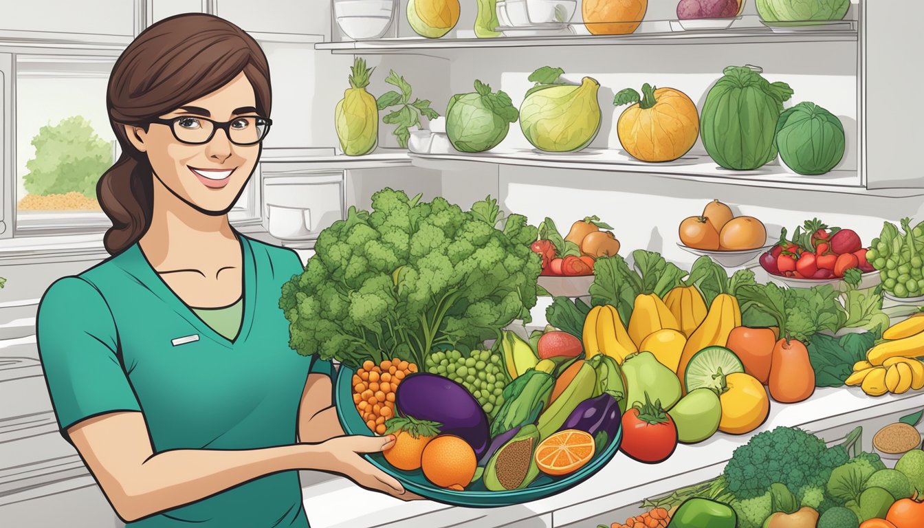 A dietician holding a plate of lablab beans, surrounded by various fruits and vegetables, with a diabetes education poster in the background