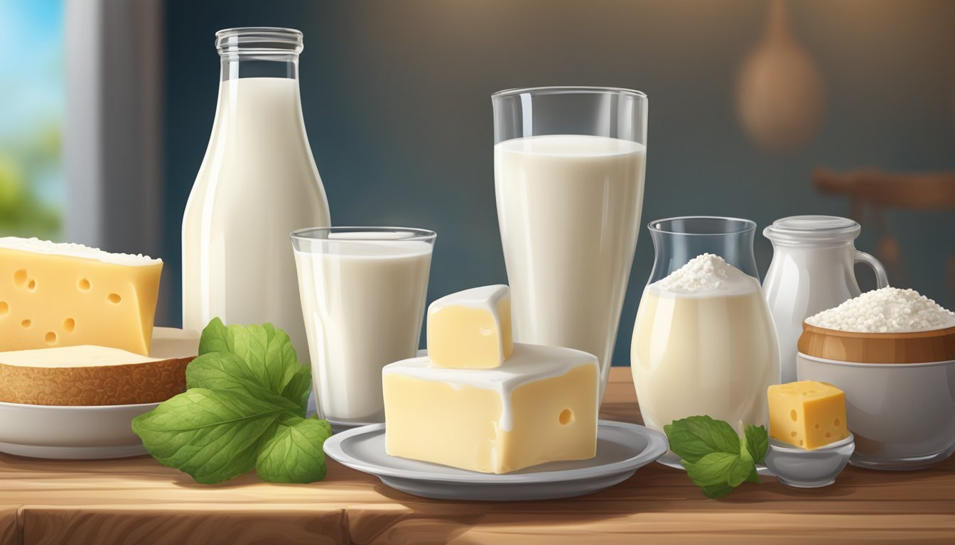 A glass of kefir surrounded by various dairy products on a wooden table