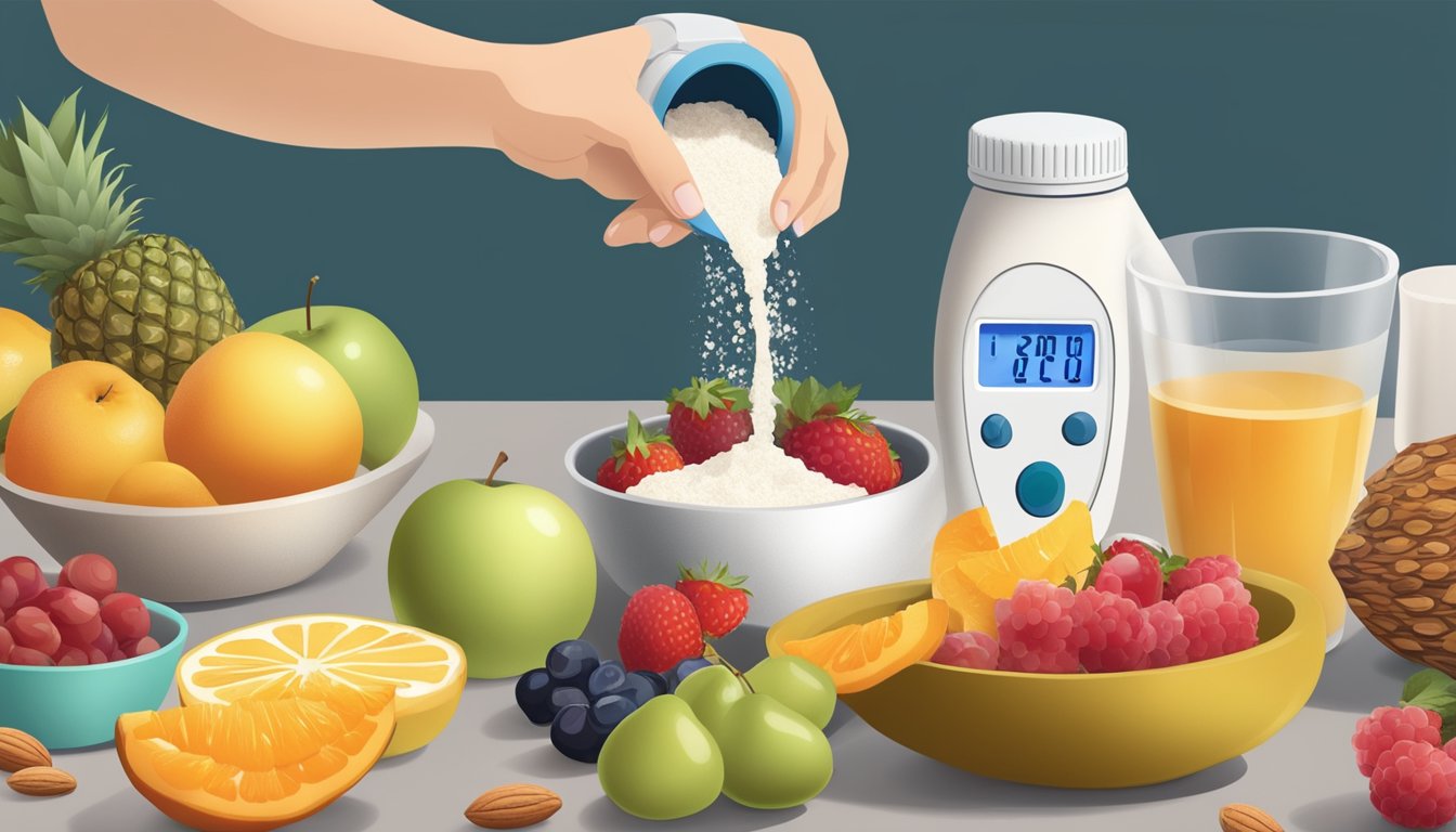 A person pouring kefir into a bowl of fresh fruit and nuts, with a glucometer and diabetic meal plan in the background