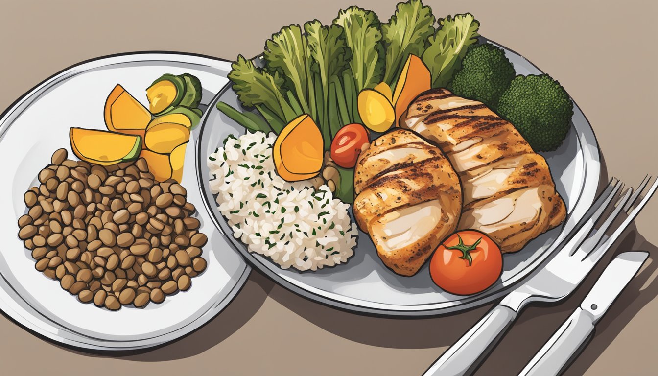 A diabetic meal plan with lablab, including a plate of lablab beans, a measuring cup of rice, a portion of grilled chicken, and a side of steamed vegetables