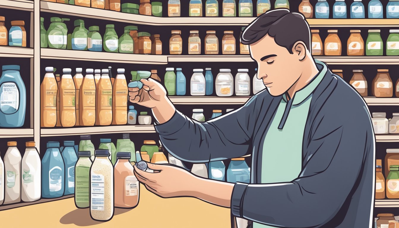 A diabetic person carefully examining a bottle of kefir, surrounded by various food items and a nutrition label