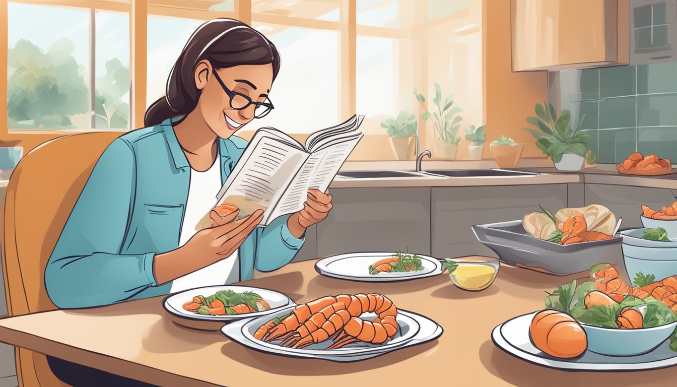 A diabetic person happily eating langoustines while reading a diabetes-friendly recipe book