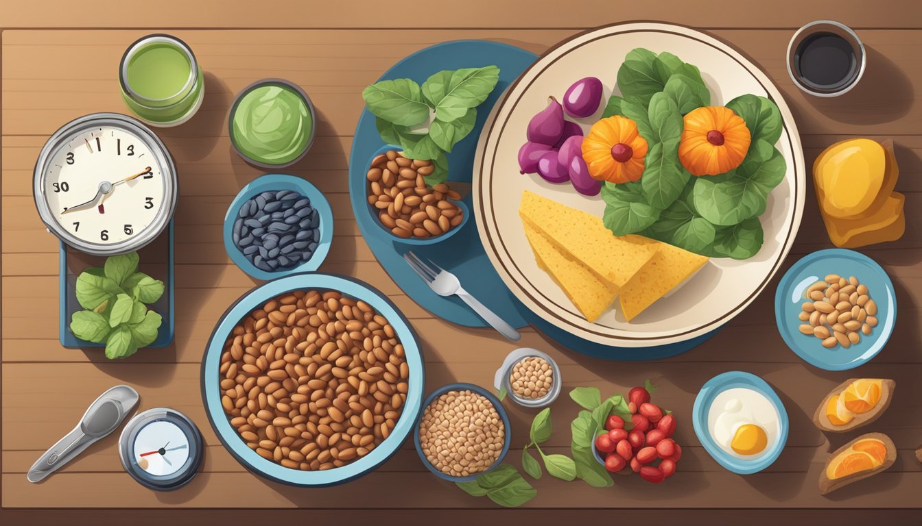 A table set with a variety of balanced diet foods, including lablab beans, with a blood sugar monitor nearby