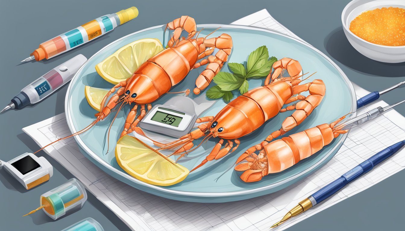 A plate of langoustines next to a glucose meter and insulin pen