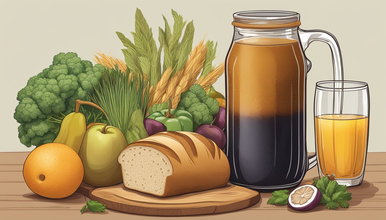 A glass of kvass surrounded by ingredients like bread, fruits, and vegetables, with a nutrition label in the background