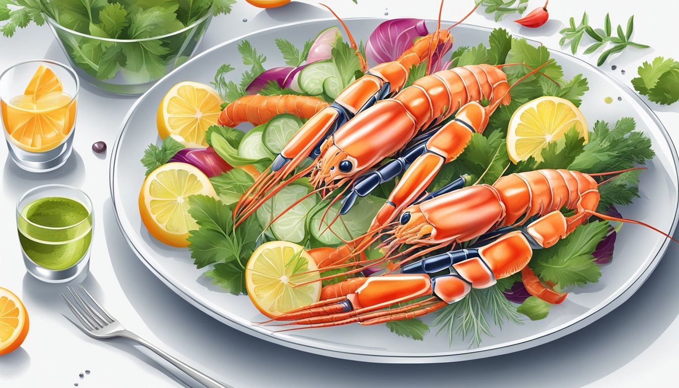 A plate of langoustines surrounded by a variety of colorful vegetables and herbs, with a glass of water on the side