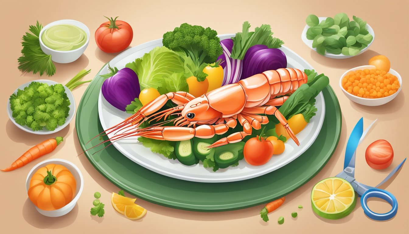 A plate of langoustines surrounded by colorful vegetables and a measuring tape, symbolizing healthy food choices for diabetics