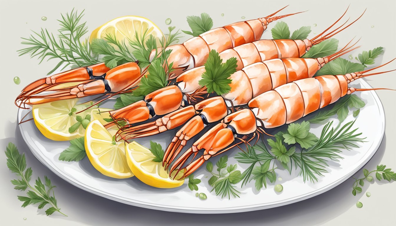 A plate of langoustines surrounded by fresh herbs and lemon slices