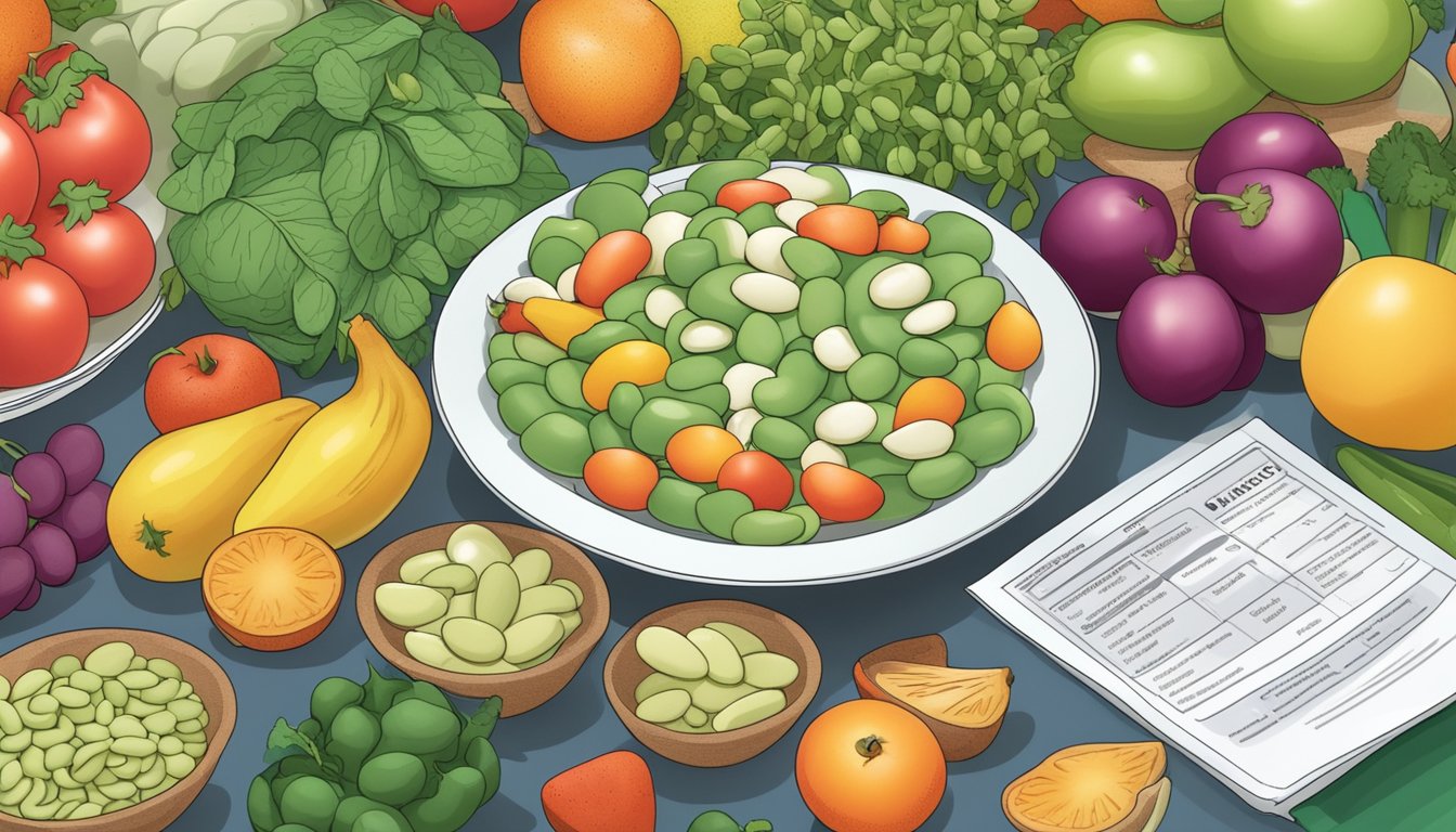 A plate of lima beans surrounded by a variety of colorful fruits and vegetables, with a diabetes education pamphlet in the background