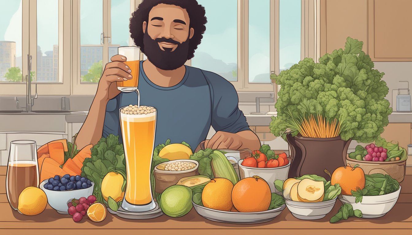 A person with diabetes enjoying a glass of kvass alongside a balanced meal of fresh fruits, vegetables, lean protein, and whole grains