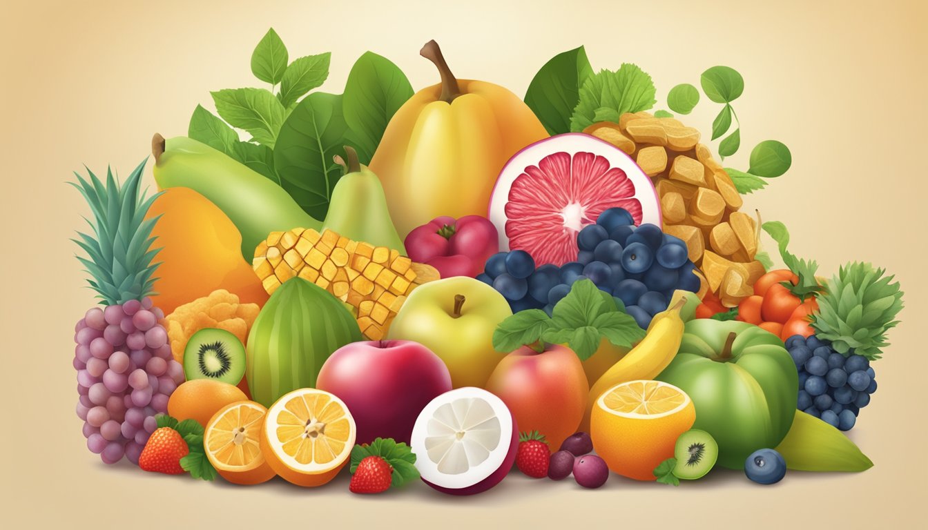 A colorful illustration of langsat fruit surrounded by a variety of diabetic-friendly foods, such as vegetables, lean proteins, and whole grains