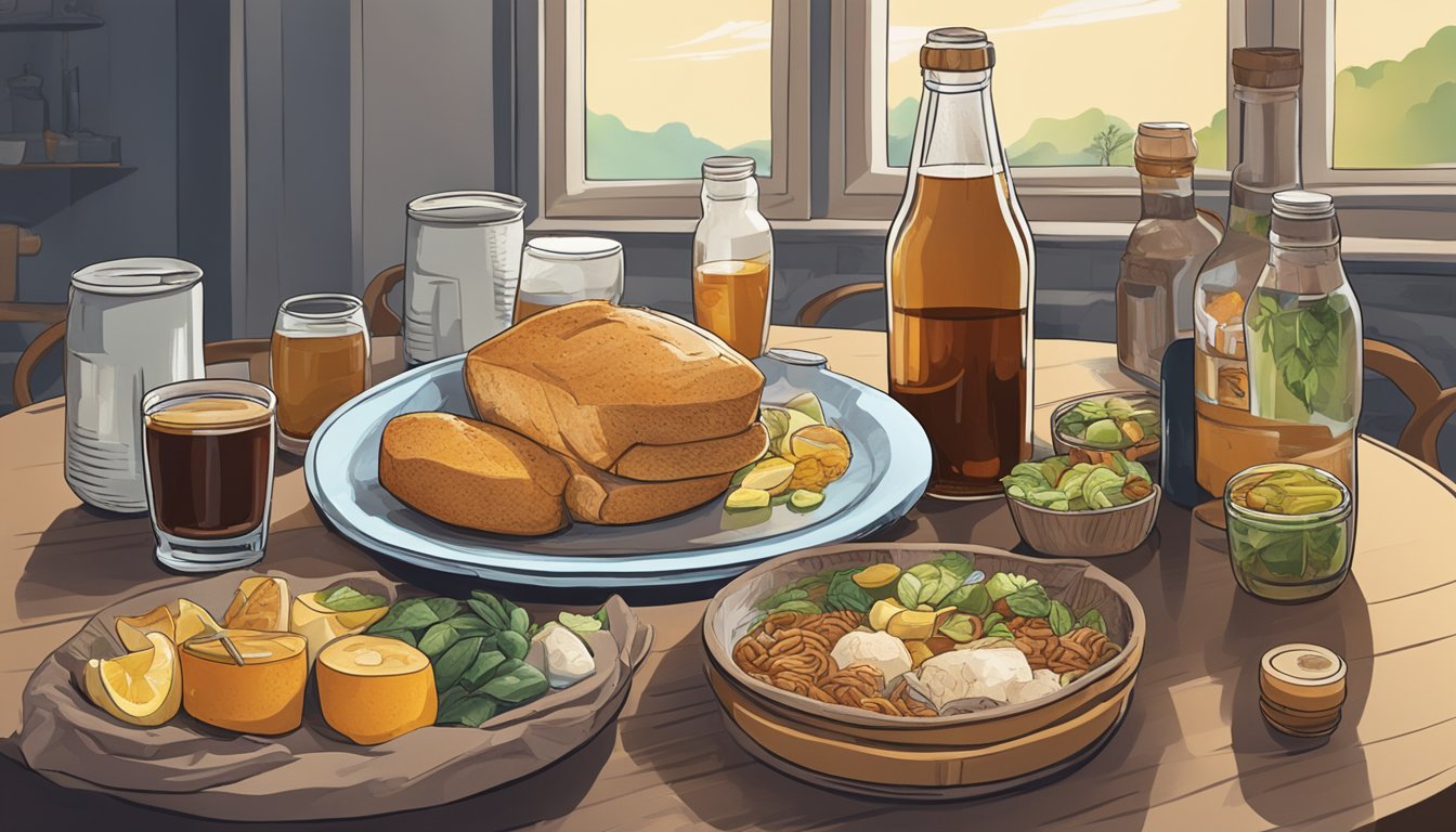 A diabetic sitting at a table, surrounded by various food and drink options, with a bottle of kvass in the foreground