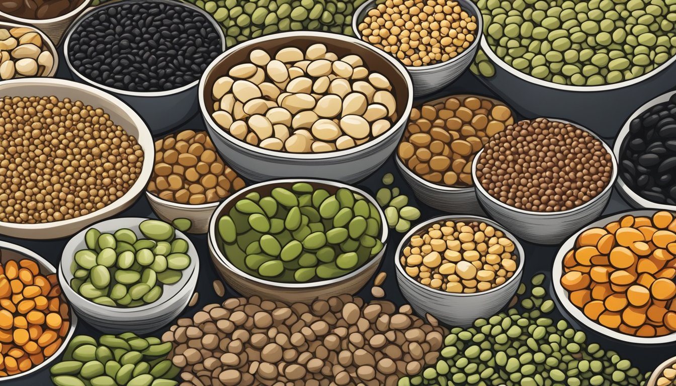 A bowl of assorted legumes with a focus on lima beans, surrounded by other legumes such as lentils, chickpeas, and black beans