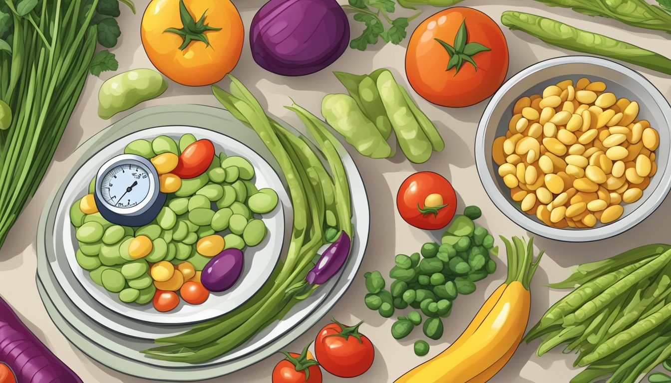 A plate of lima beans surrounded by a variety of colorful vegetables and a blood glucose monitor